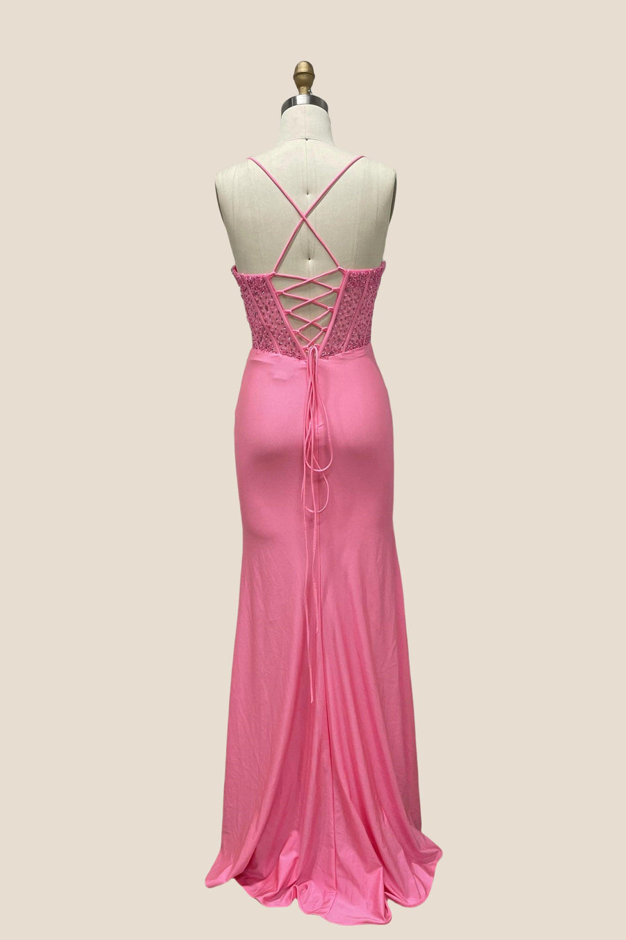 V-neck Pink Beaded Ruched Long Dress with Slit