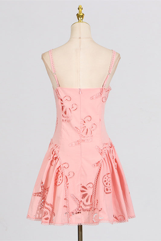 V-neck Pink Hollow A-line Short Dress