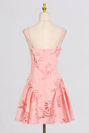 V-neck Pink Hollow A-line Short Dress
