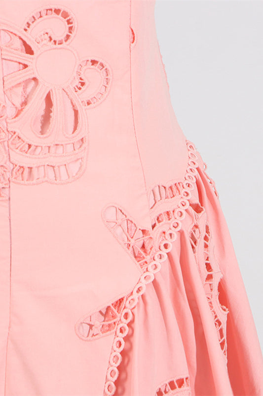 V-neck Pink Hollow A-line Short Dress