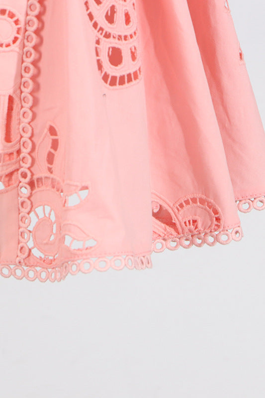 V-neck Pink Hollow A-line Short Dress