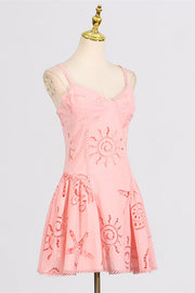 V-neck Pink Hollow A-line Short Dress