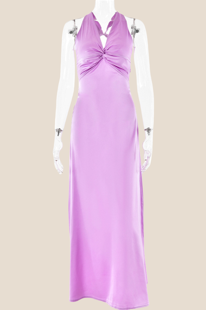 Twist V-neck Lilac Open Back Sheath Long Dress