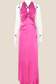 Twist V-neck Pink Open Back Sheath Long Dress