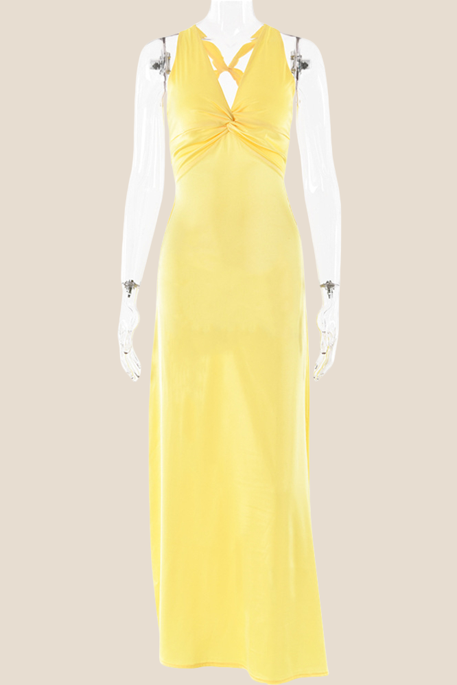 satin open back dress in yellow V Neck Backless Yellow Satin Prom Dresses, Open Back Yellow Satin Form jbydress