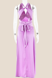 Twist V-neck Pink Open Back Sheath Long Dress