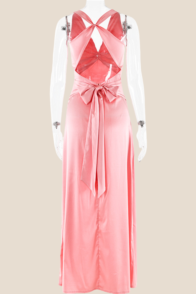 V-neck Pink Open Back Sheath Long Dress