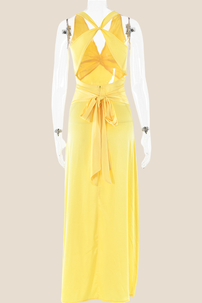 Twist V-neck Yellow Open Back Sheath Long Dress