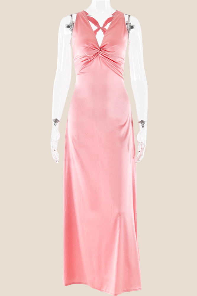 Twist V-neck Pink Open Back Sheath Long Dress