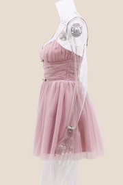 V-neck Pink Pleated A-line Short Tulle Dress