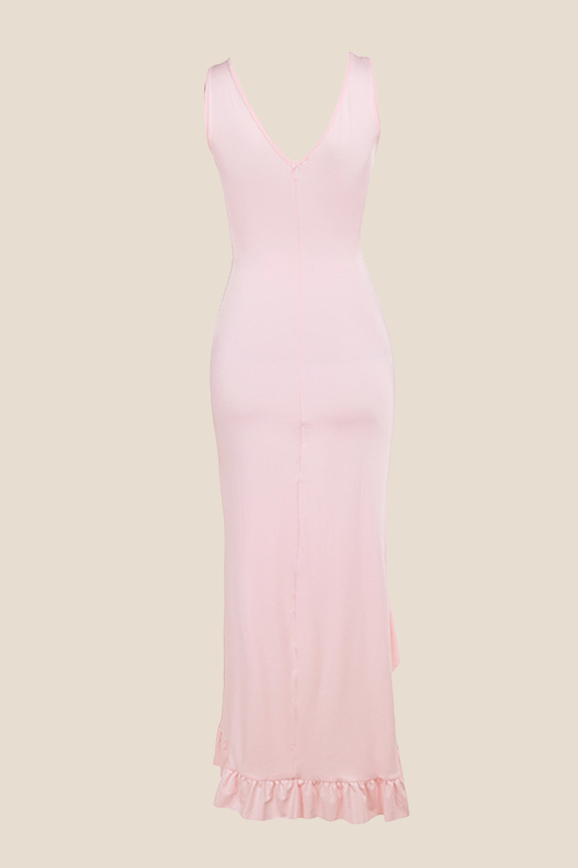 V-neck Pink Ruffle Hem Long Dress with Slit