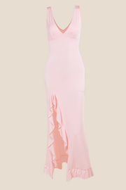 V-neck Pink Ruffle Hem Long Dress with Slit