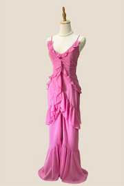 V-neck Pink Ruffle Hem Long Dress with Slit