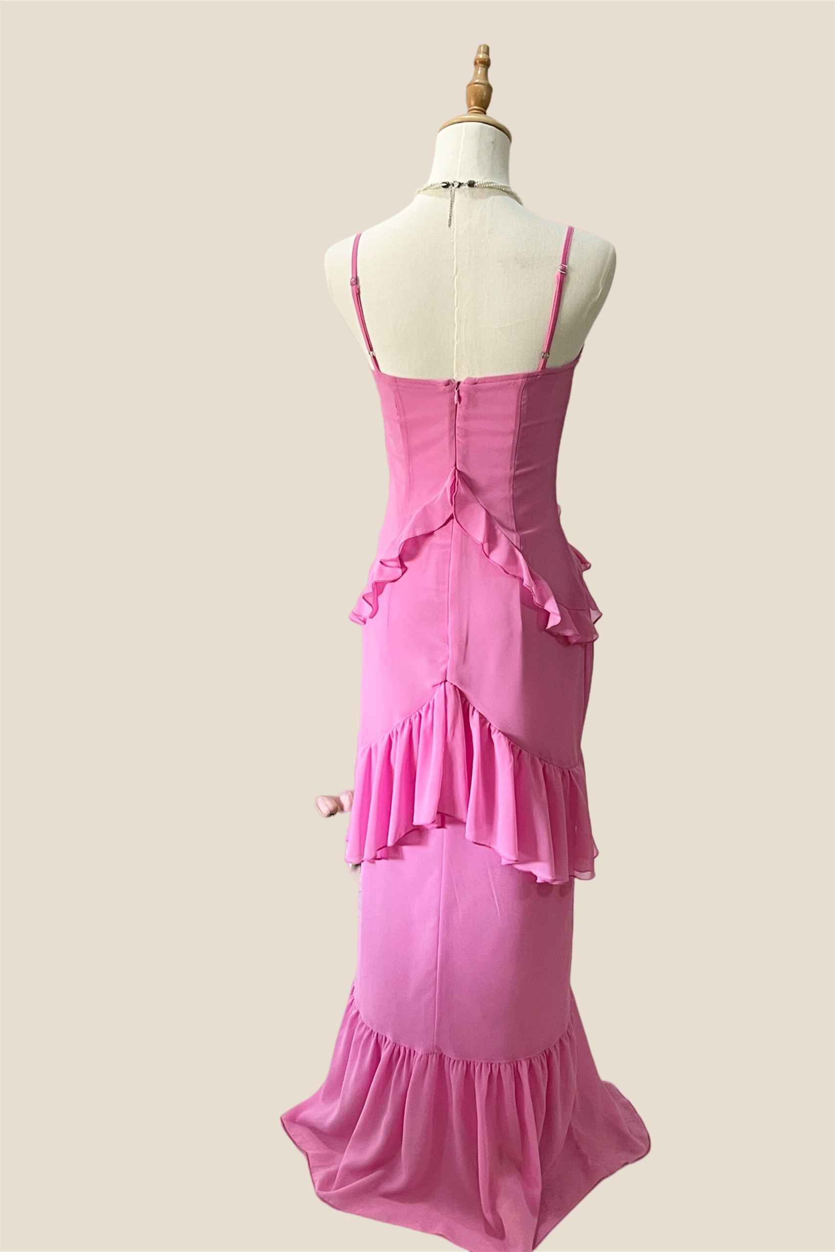 V-neck Pink Ruffle Hem Long Dress with Slit