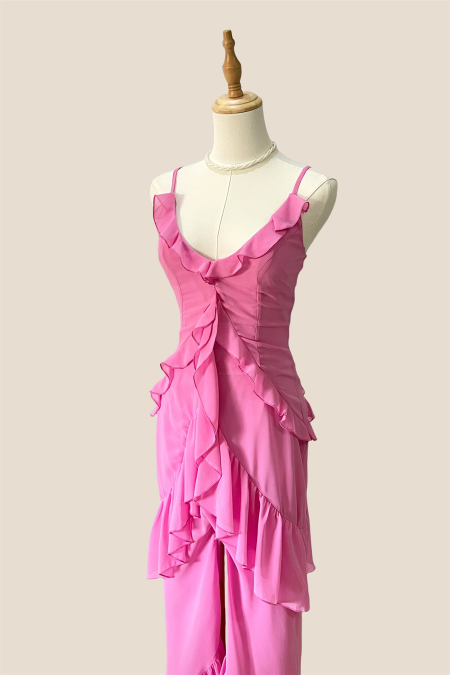 V-neck Pink Ruffle Hem Long Dress with Slit