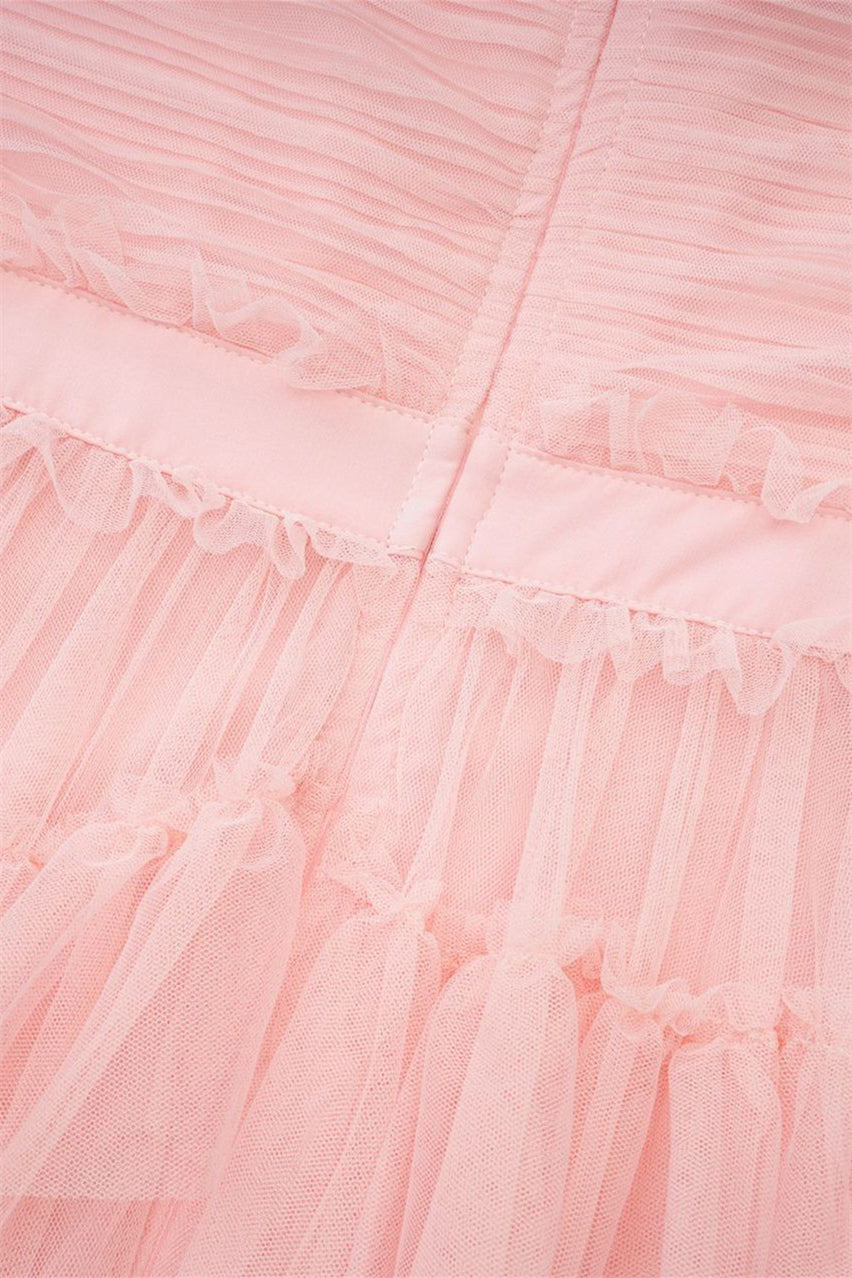 V-neck Pink Ruffle Tiered A-line Long Dress