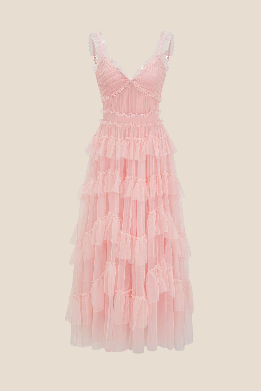 V-neck Pink Ruffle Tiered A-line Long Dress