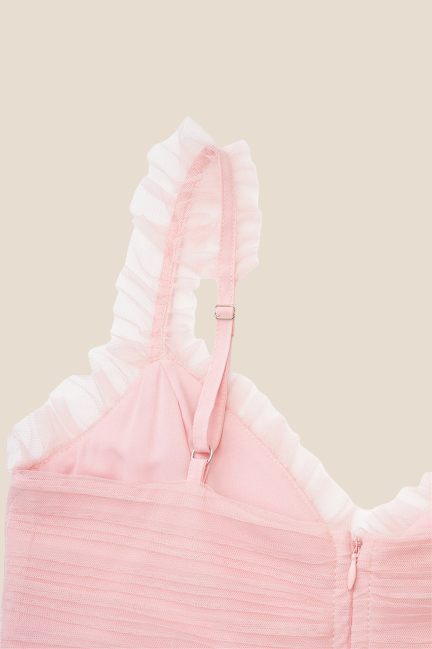 V-neck Pink Ruffle Tiered A-line Long Dress