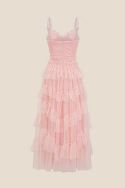 V-neck Pink Ruffle Tiered A-line Long Dress