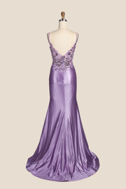 V-neck Purple Sequin Mermaid Long Dress with Slit