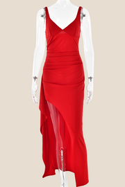 V-neck Red High Slit Ruched Long Dress