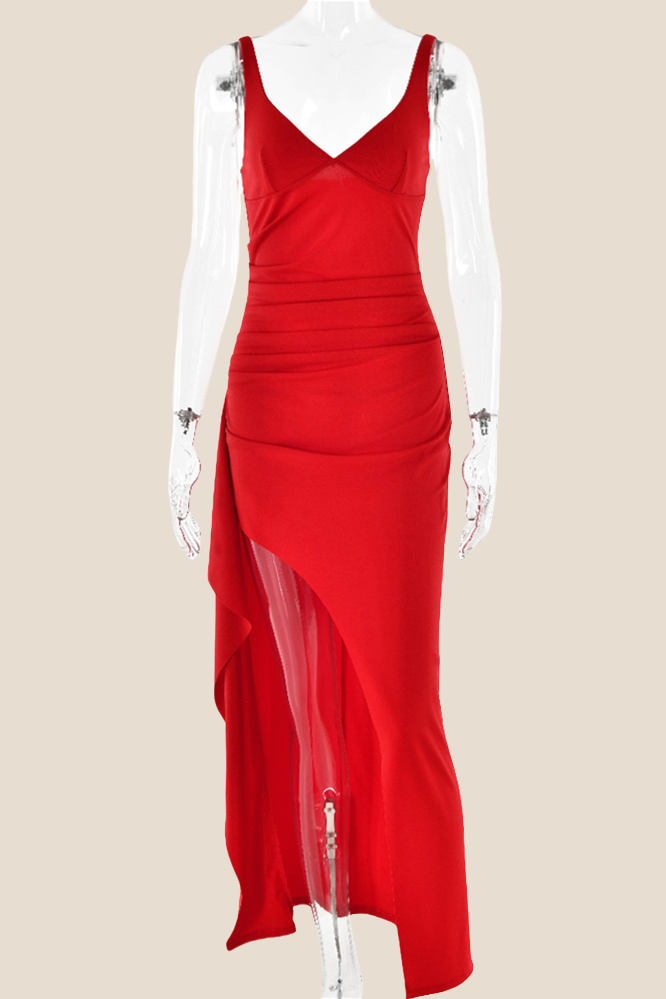 V-neck Red High Slit Ruched Long Dress