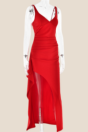 V-neck Red High Slit Ruched Long Dress