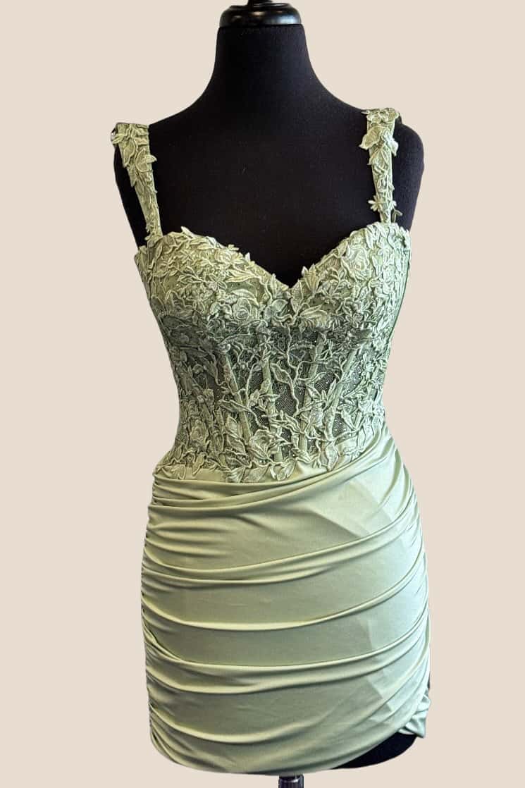 Sage Green Appliques Ruched Fitted Short Dress