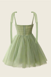 dress short green V-neck Sage Green Pleated A-line Short Dress – Ohmollydress