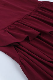 V-neck Wine Red Ruffle Long Party Dress