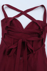 V-neck Wine Red Ruffle Long Party Dress