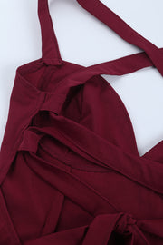 V-neck Wine Red Ruffle Long Party Dress