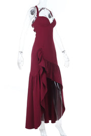V-neck Wine Red Ruffle Long Party Dress