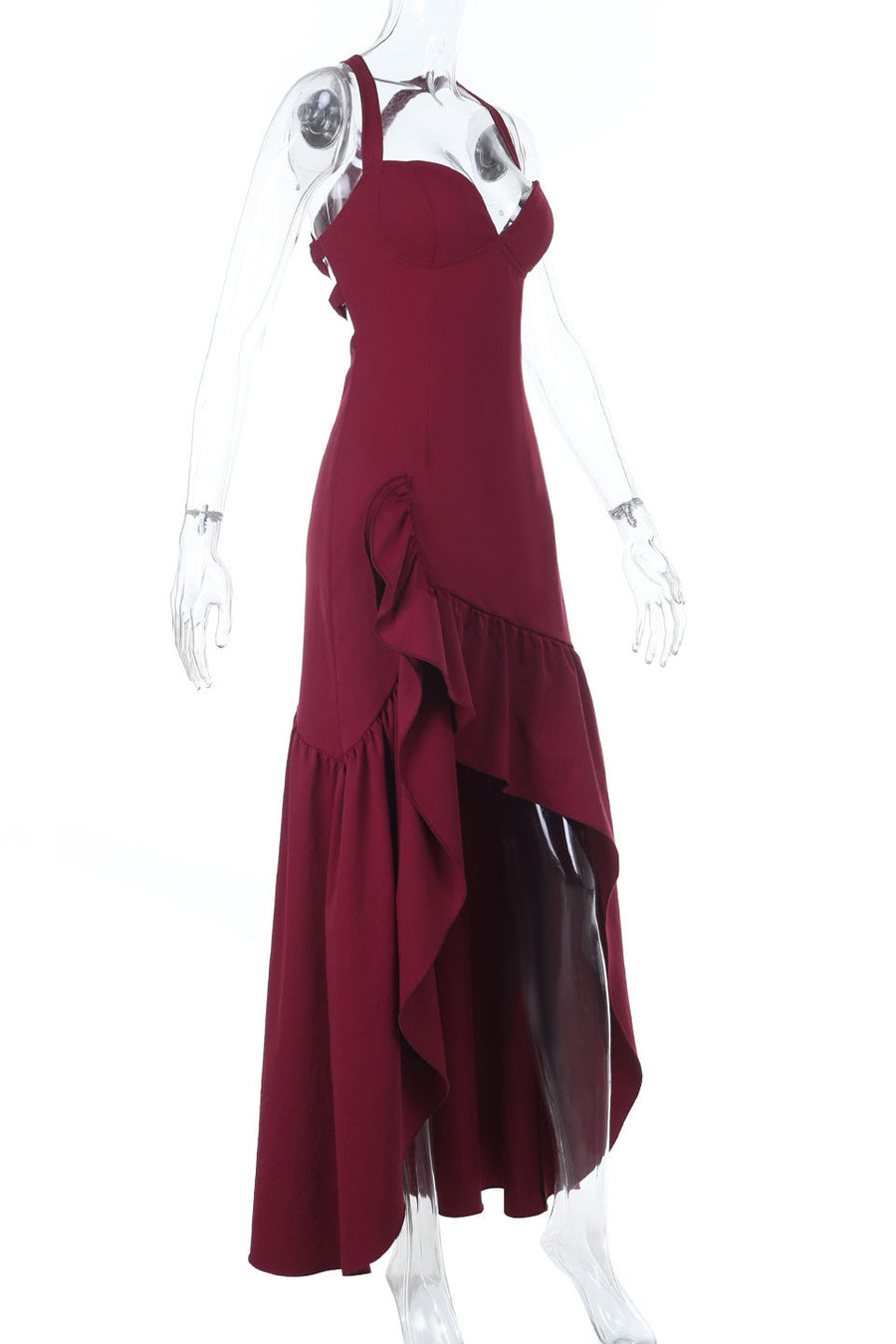 V-neck Wine Red Ruffle Long Party Dress