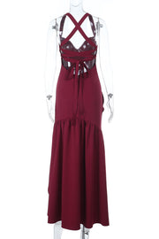 V-neck Wine Red Ruffle Long Party Dress