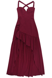 V-neck Wine Red Ruffle Long Party Dress