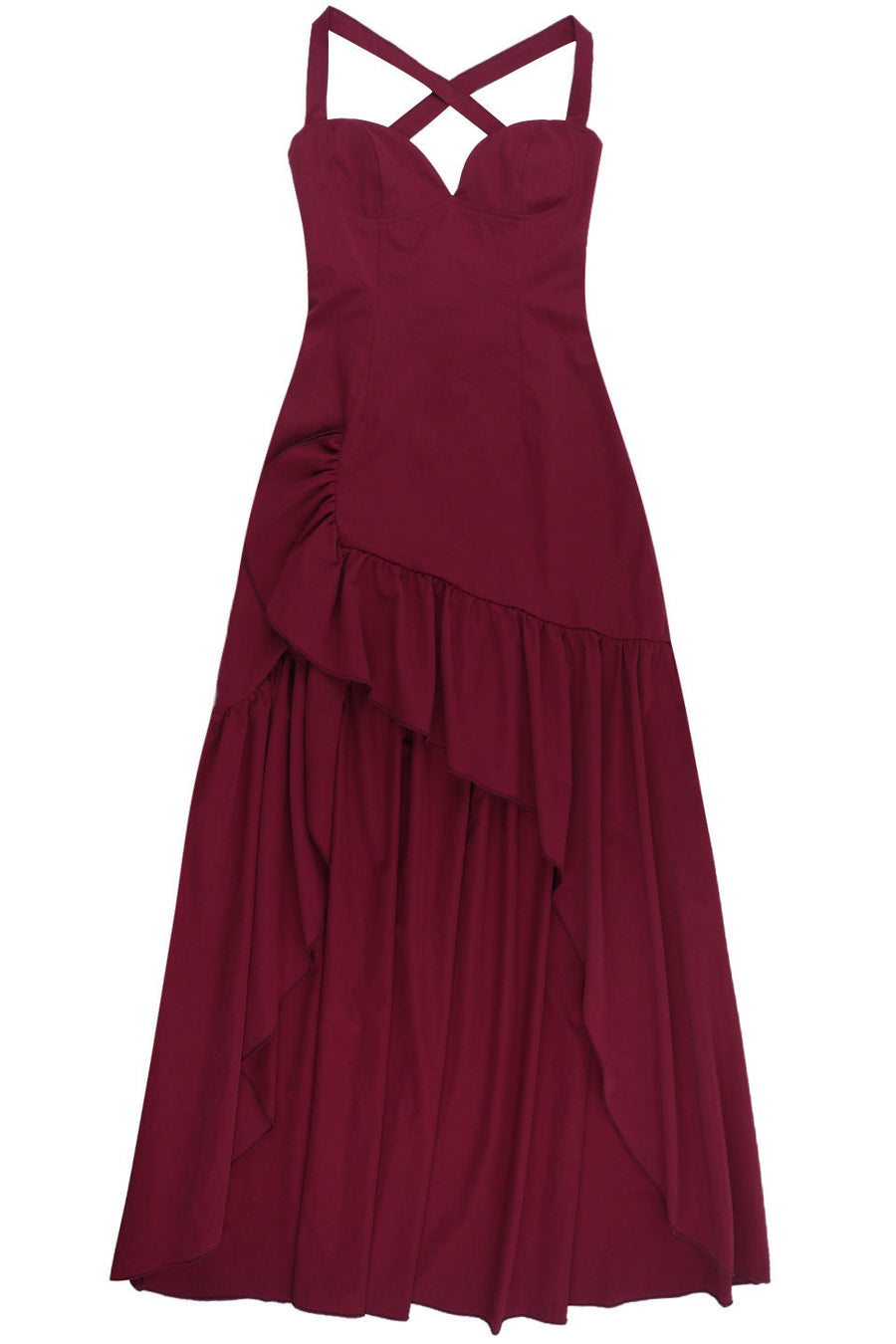V-neck Wine Red Ruffle Long Party Dress