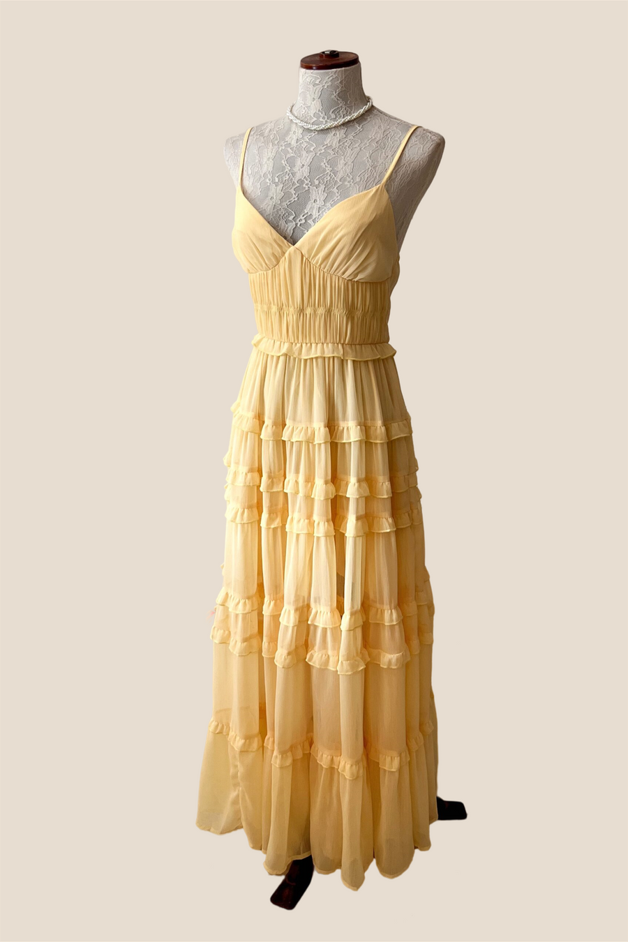 V-neck Yellow Ruffle Ruched Long Chiffon Dress