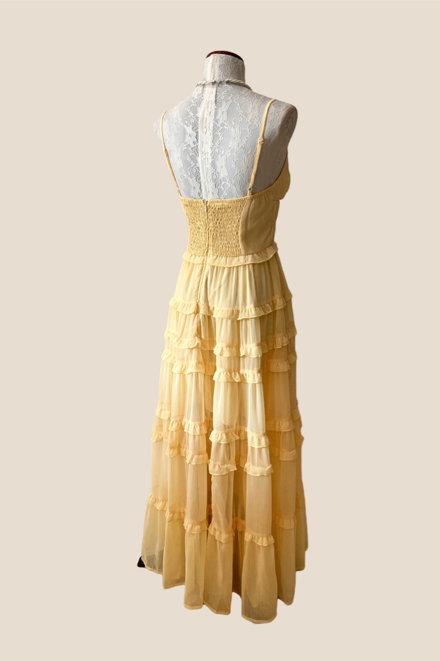 V-neck Yellow Ruffle Ruched Long Chiffon Dress