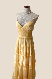 V-neck Yellow Ruffle Ruched Long Chiffon Dress