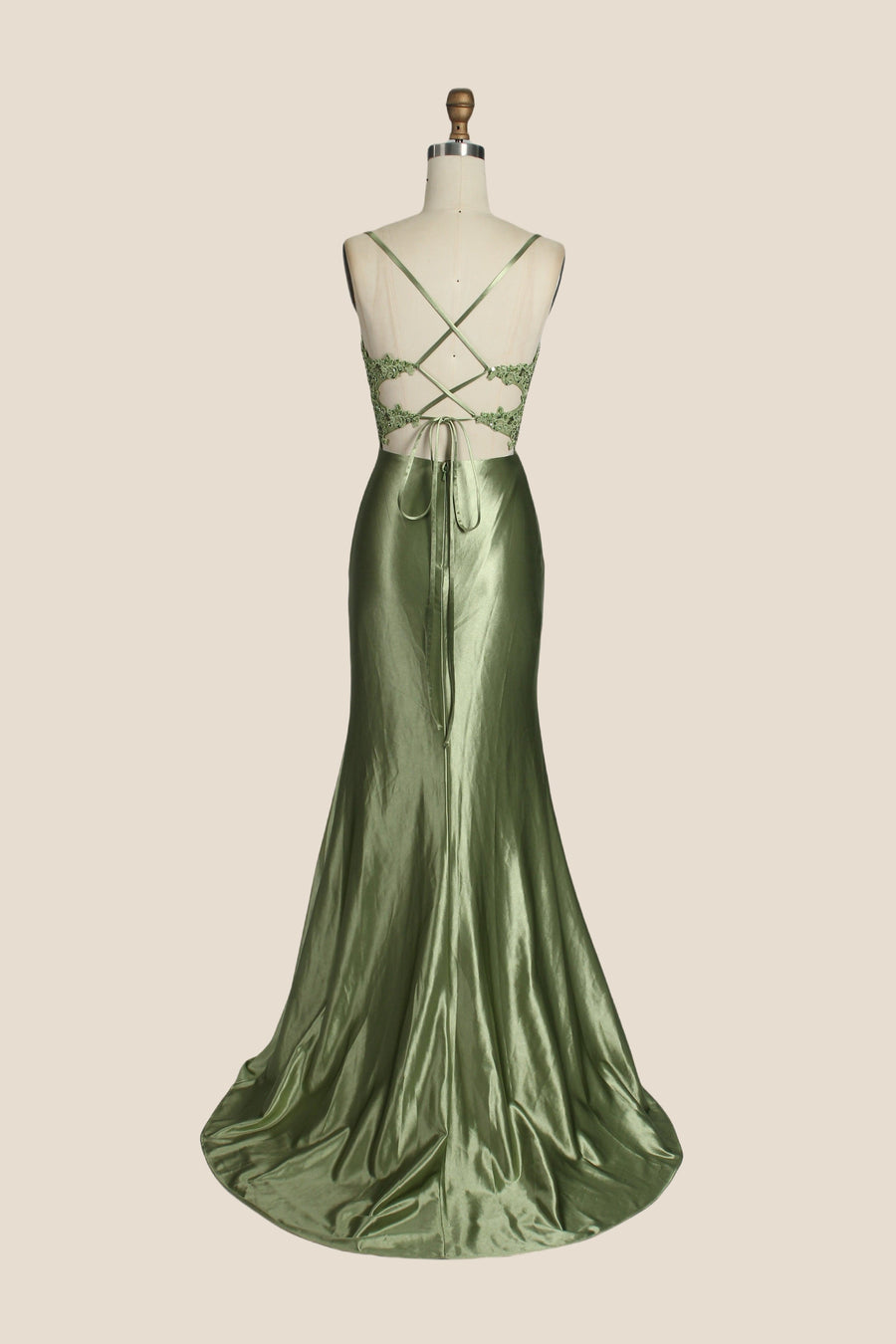 V-neck Sage Green Appliques Mermaid Long Dress