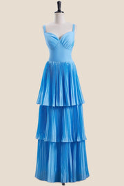 V Neck Blue Empire Tiered Long Bridesmaid Dress