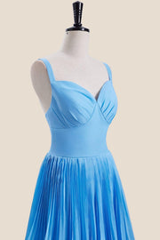 V Neck Blue Empire Tiered Long Bridesmaid Dress