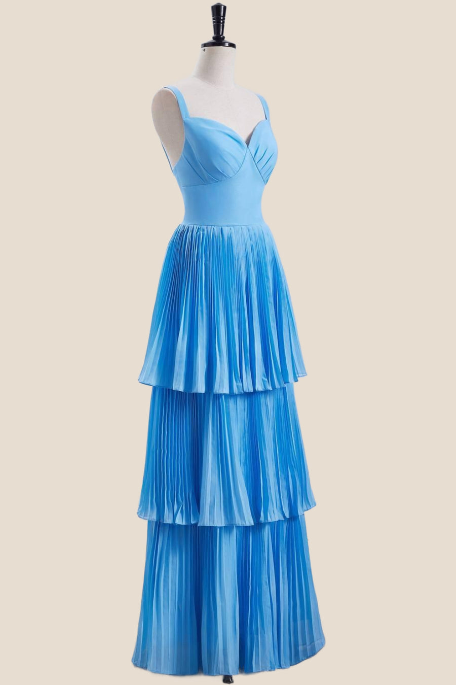 V Neck Blue Empire Tiered Long Bridesmaid Dress