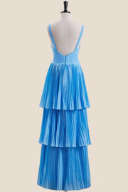 V Neck Blue Empire Tiered Long Bridesmaid Dress