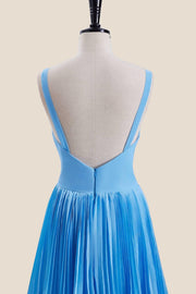 V Neck Blue Empire Tiered Long Bridesmaid Dress