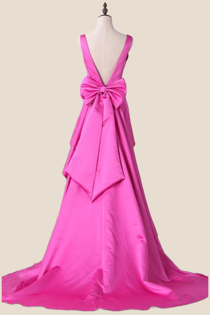 V Neck Fuchsia Satin A-line Long Dress