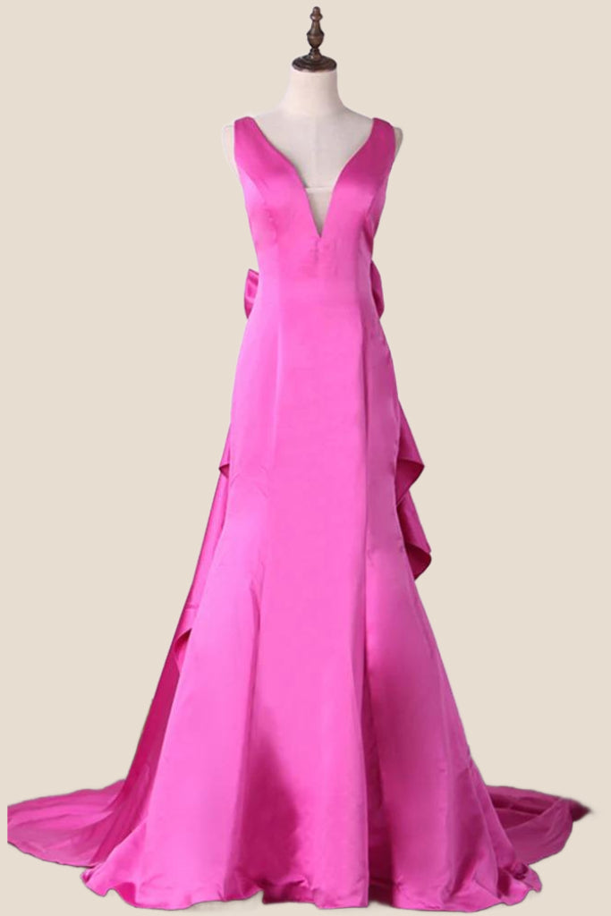 V Neck Fuchsia Satin A-line Long Dress