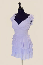 V Neck Lavender Layered Chiffon Short Dress