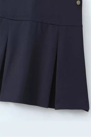 V Neck Navy Blue Bow Pleated Short Dress